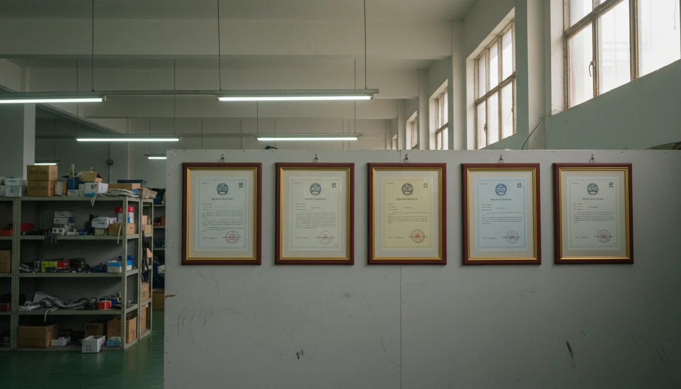 ISO certification documents and quality management awards displayed on factory office wall