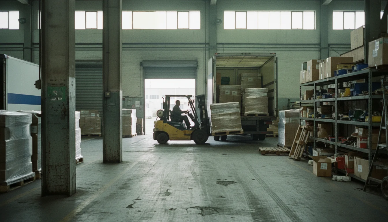 Factory loading dock with wrapped pallets being loaded onto delivery truck