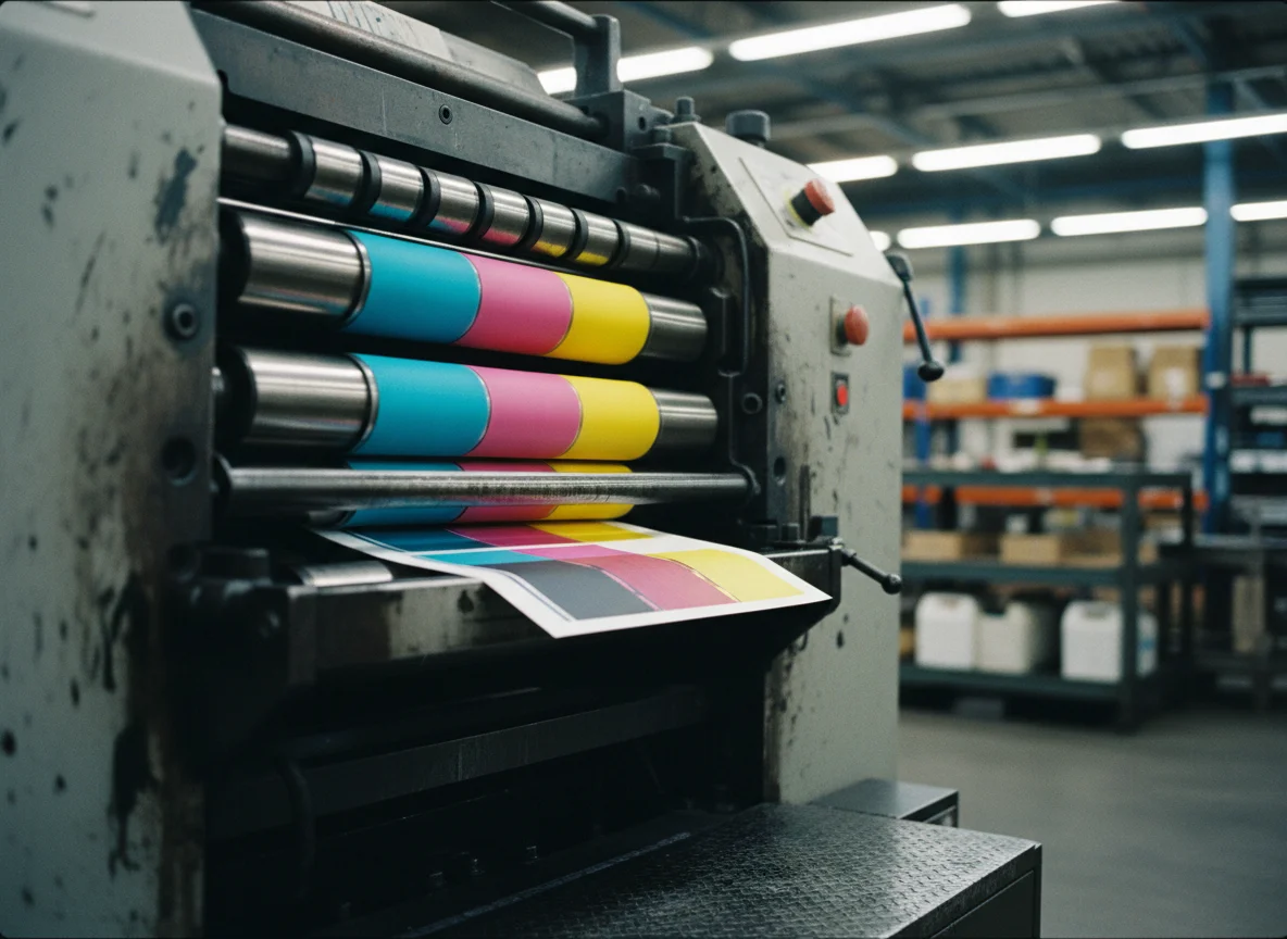 Offset printing press cylinder with ink rollers during production run