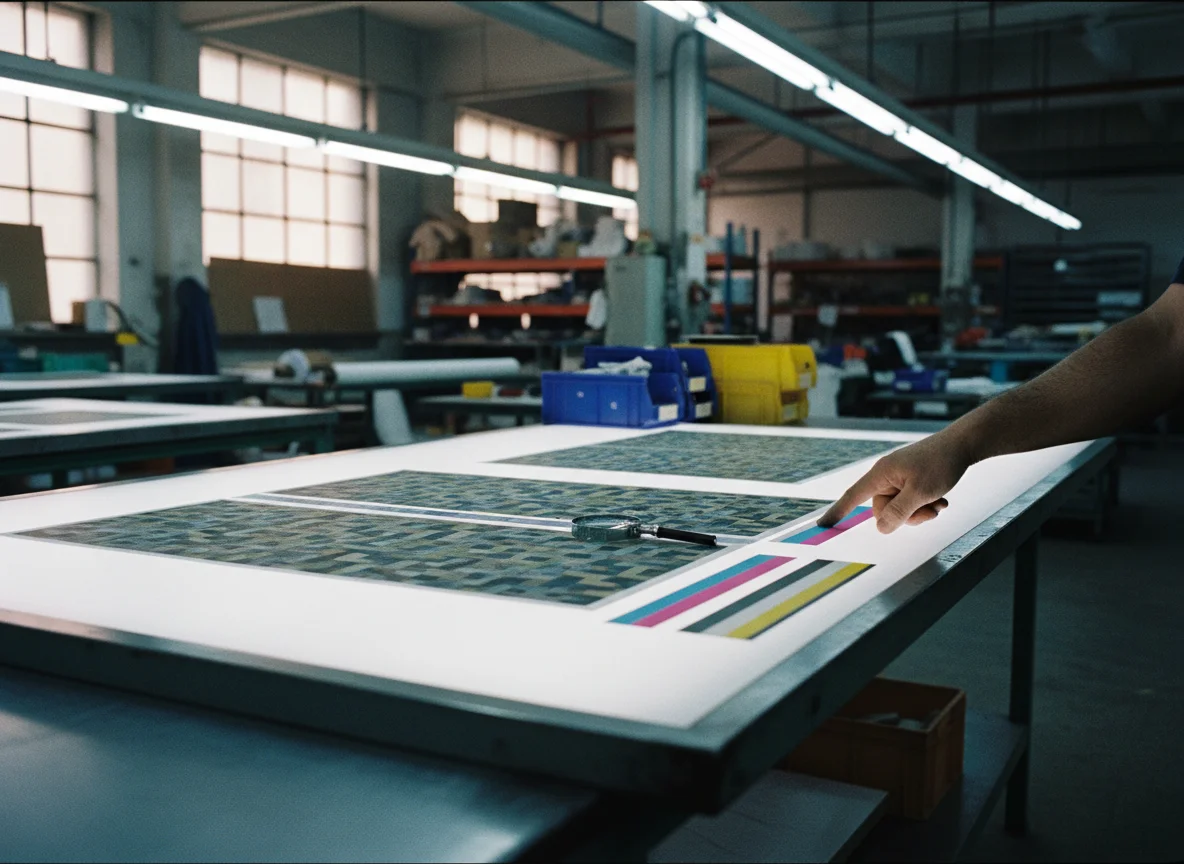 Printed sheets on light table being examined for color accuracy and registration