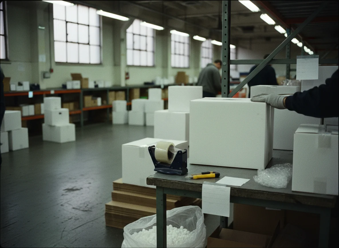 Unbranded product boxes being packed and sealed for white-label shipping