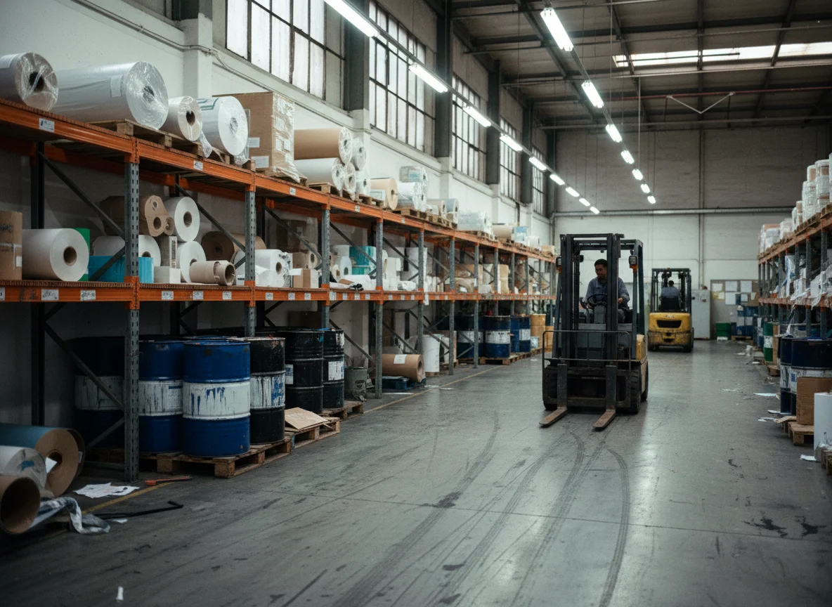 Industrial paper and material warehouse with organized inventory shelving