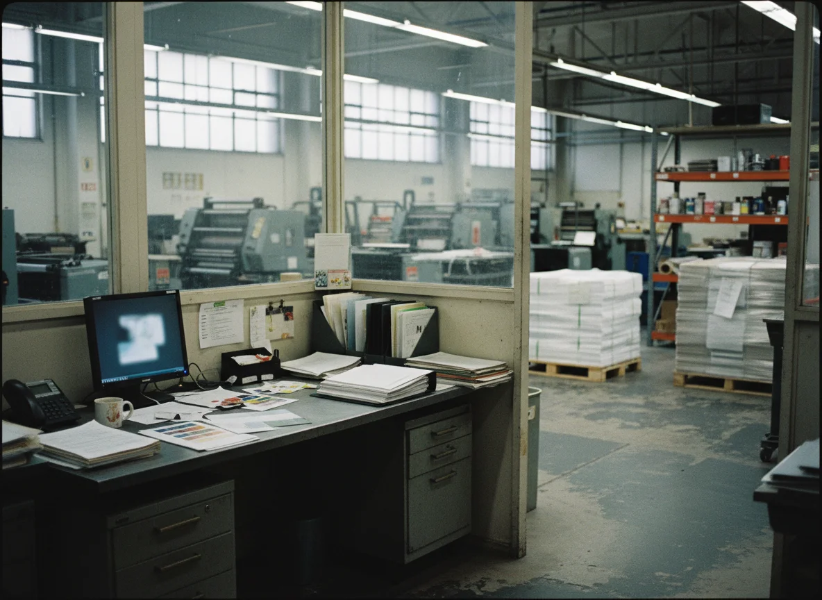 Account manager desk with production floor visible through office window