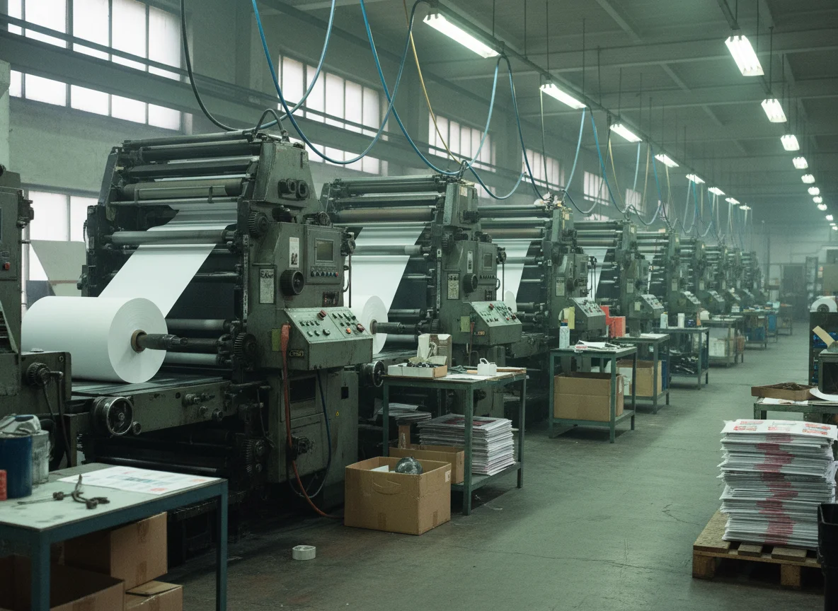 Multiple high-speed printing press lines running in parallel on factory floor