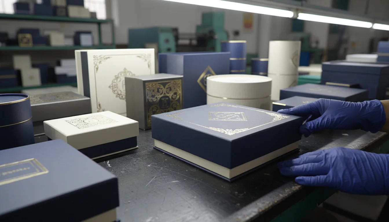 Premium packaging with hot foil stamping, embossing, and spot UV finishing