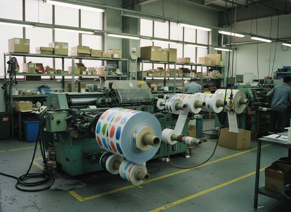 Consumer goods product labels being applied on automated packaging line