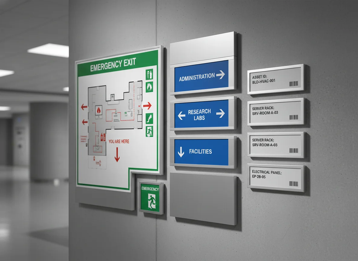 Institutional safety signage and compliance labels