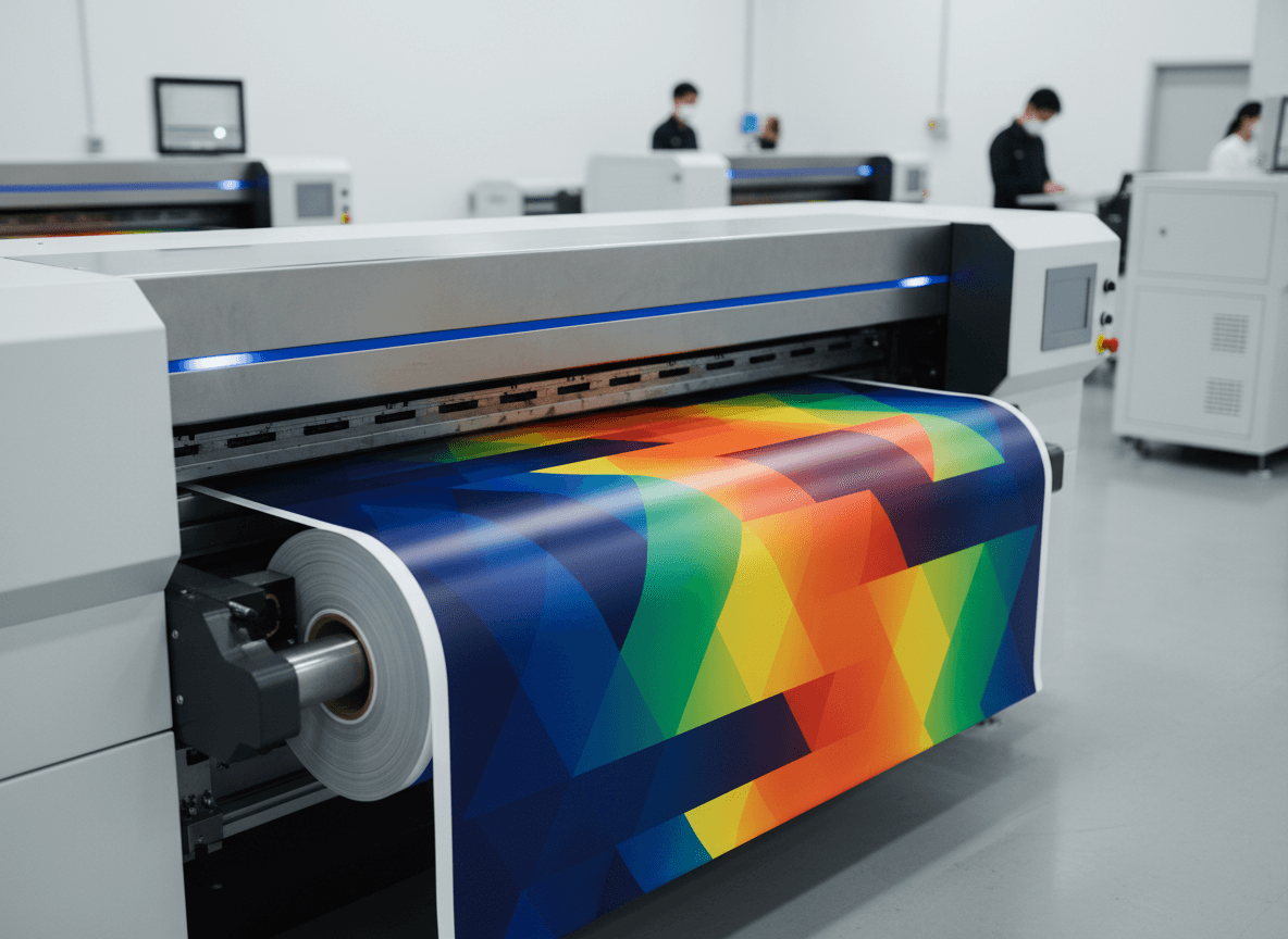 Wide-format digital printer producing large-scale banner graphics