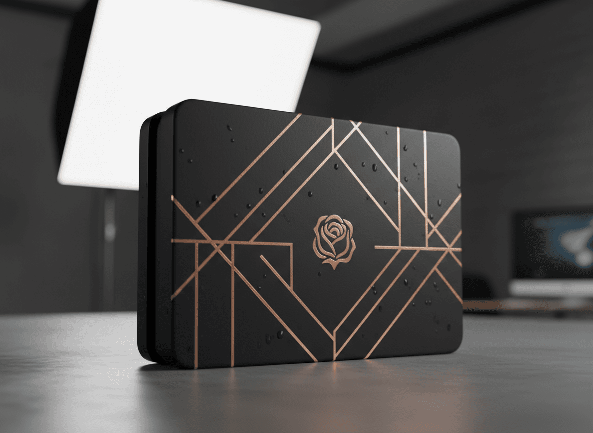 Premium cosmetics packaging foil stamping and embossing detail