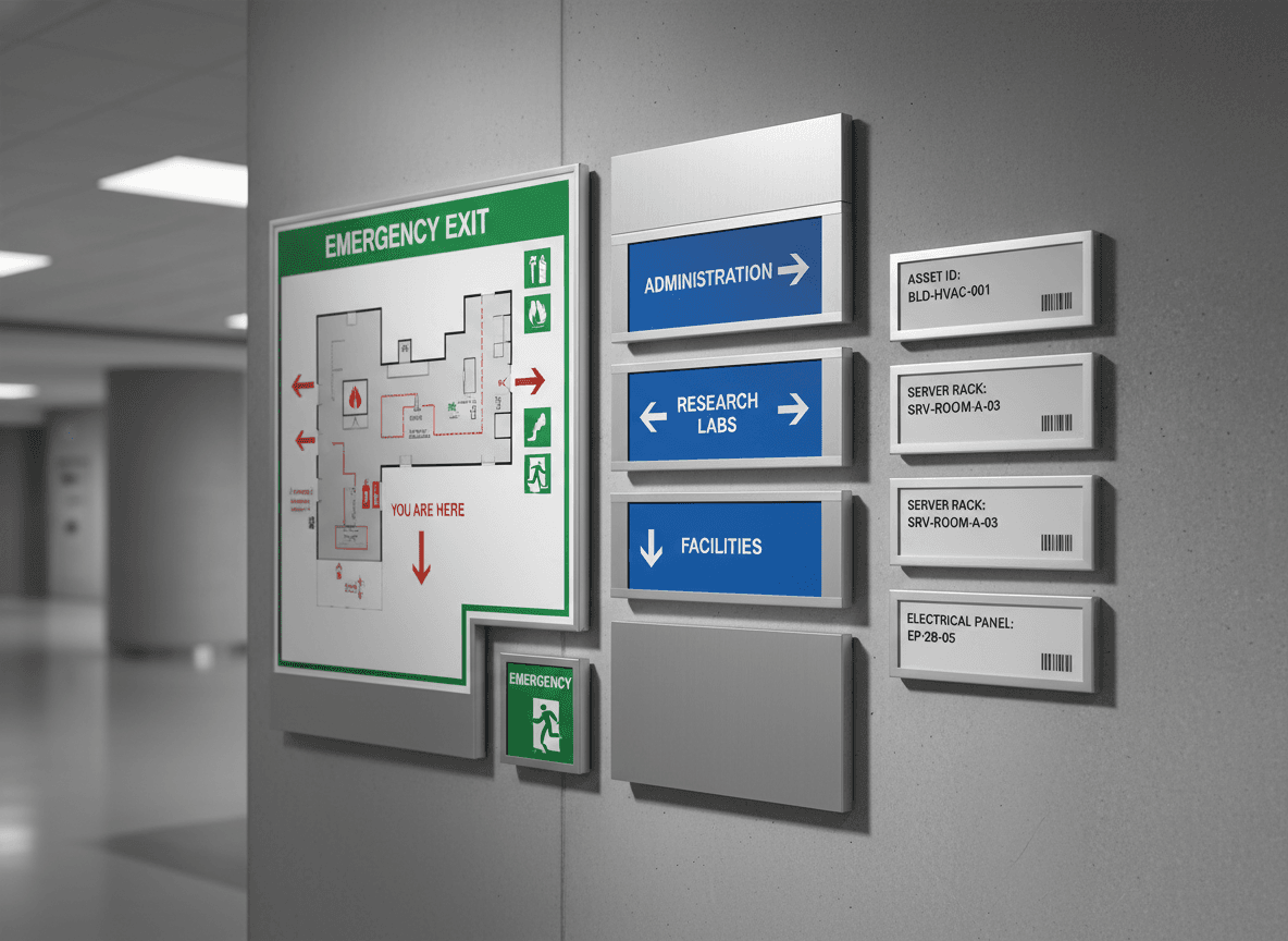 Institutional safety signage and compliance labels