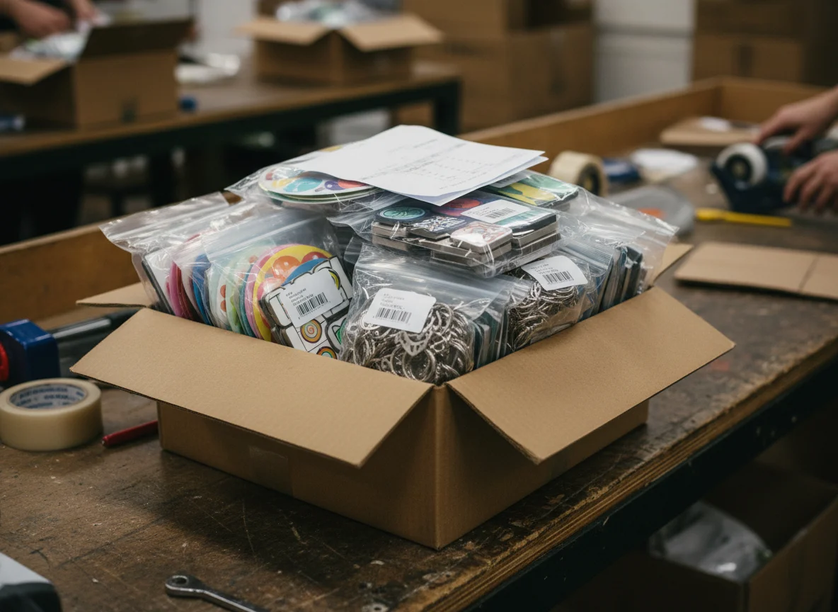 Promotional merchandise kitting and assembly line with branded items ready for packaging