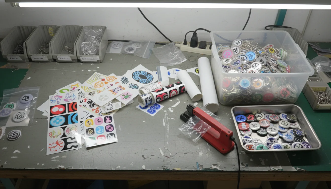 Custom branded promotional products including stickers, magnets, and keychains