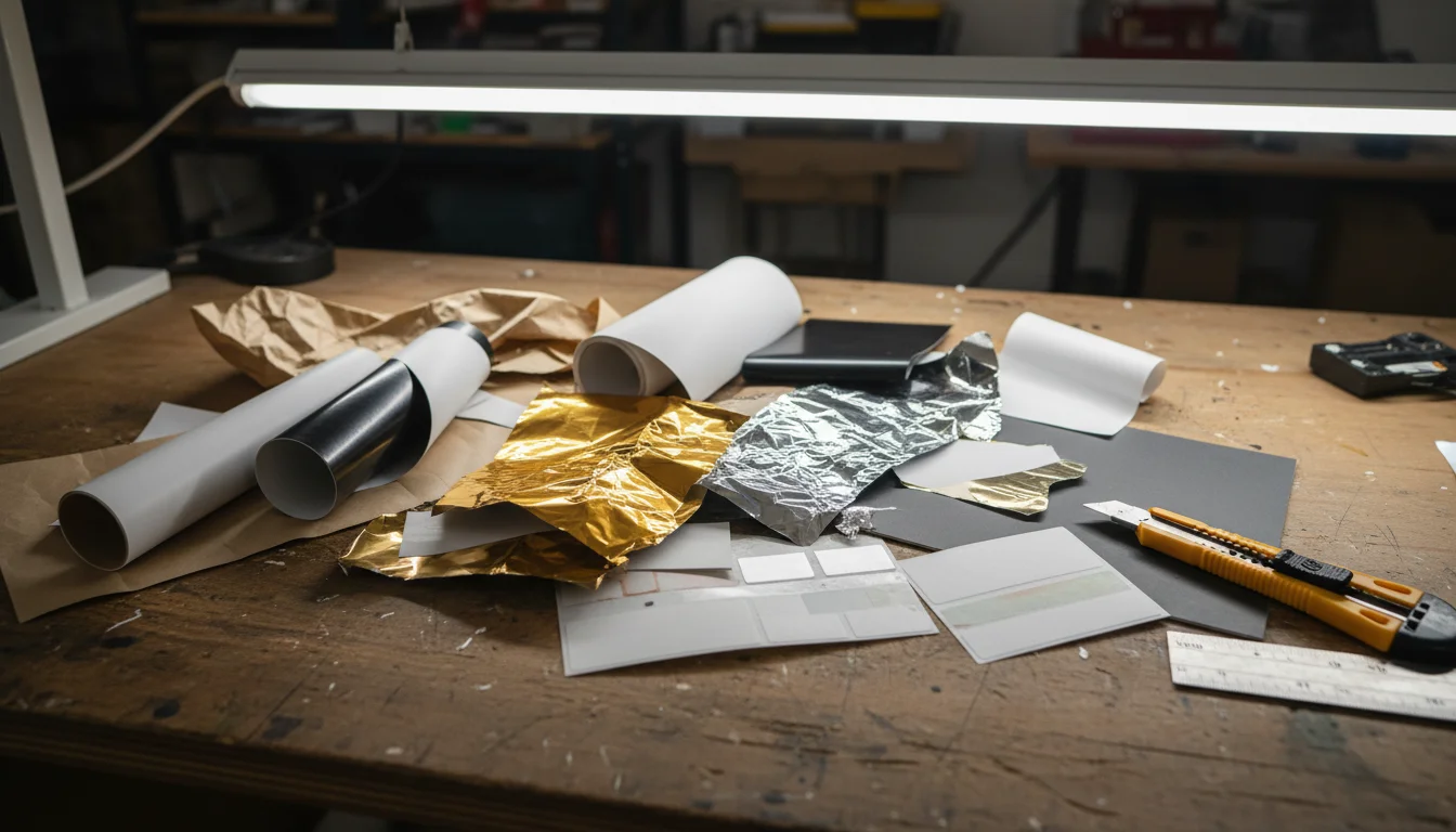 Specialty printing materials including vinyl, kraft paper, and metallic foils
