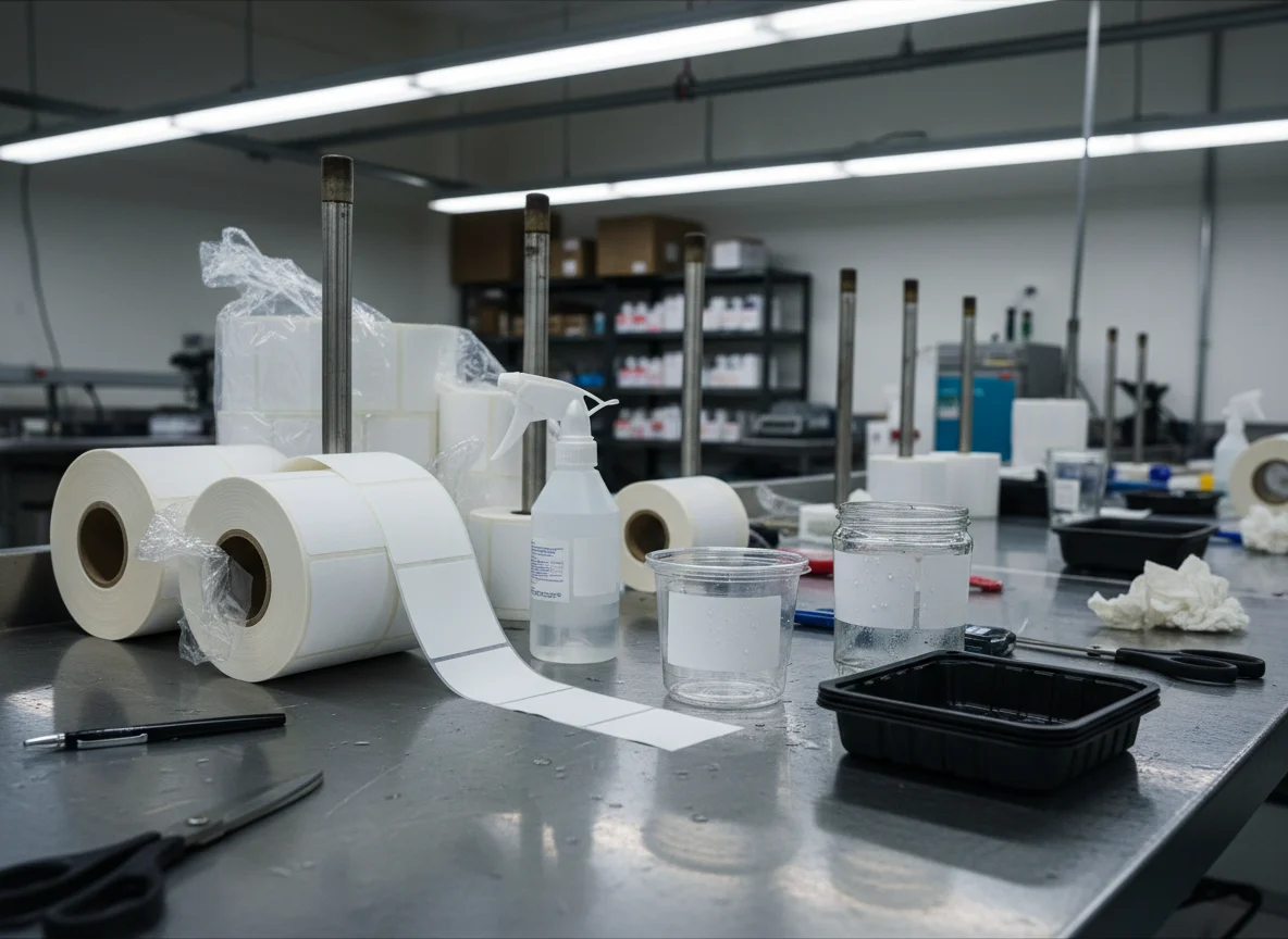 Food-grade packaging labels on production line with FDA-compliant inks