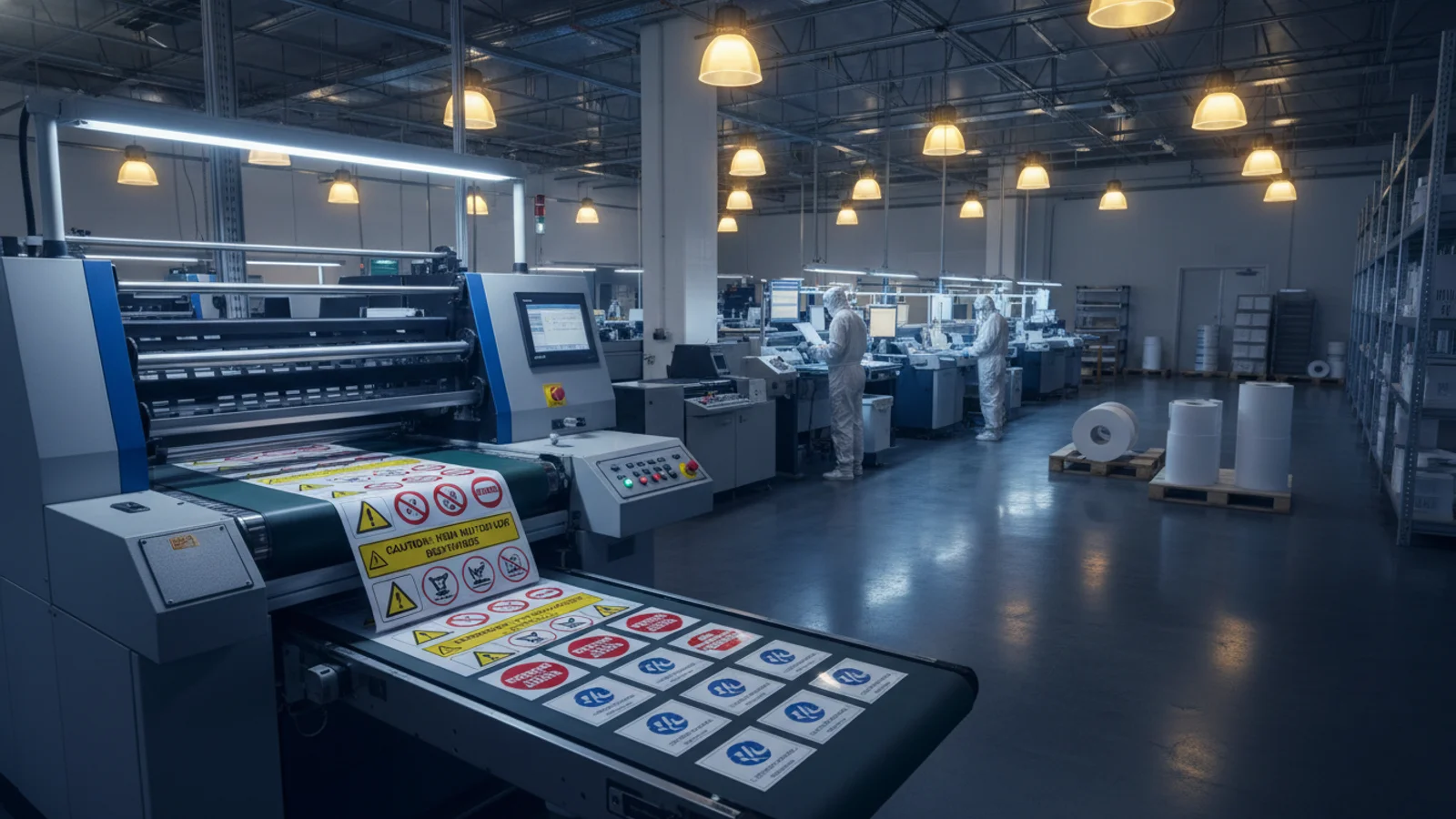 Compliance labels and institutional safety signage in production